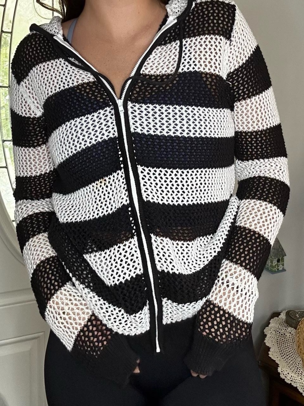 Quacker Factory Black & White Striped Open-Knit Zip Hoodie